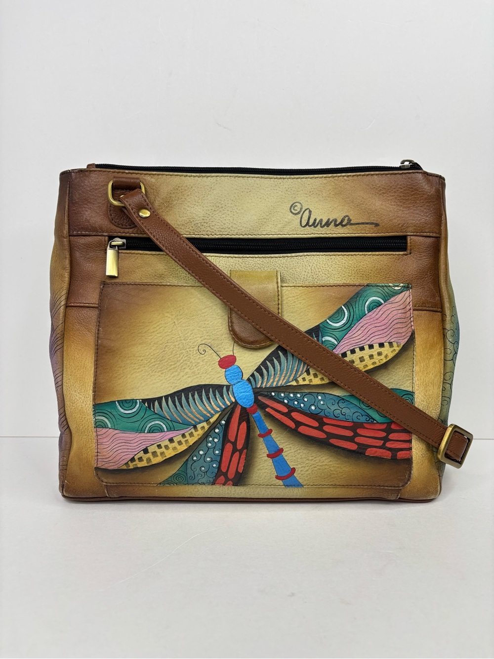 Anna Anuschka Painted Leather Dragonflies Colorful Artisan Shoulder Bag - Picture 13 of 13